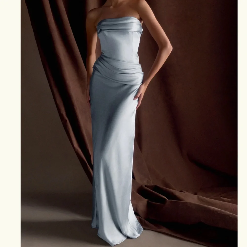 MESHKI Jasmine Strapless Satin Maxi Dress Frosted Blue - Picture 4 of 7